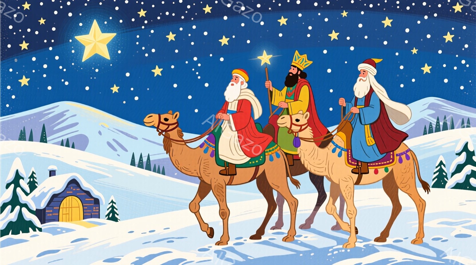 ラクダに乗った三人の男性が描かれています。彼らはそれぞれ赤い、緑、白い豪華な衣装を身につけ、長い髭と帽子をかぶっています。背景には雪に覆われた山々と小さな家々が描かれ、夜空には星が輝き、雪が舞う冬の情景が広がっています。