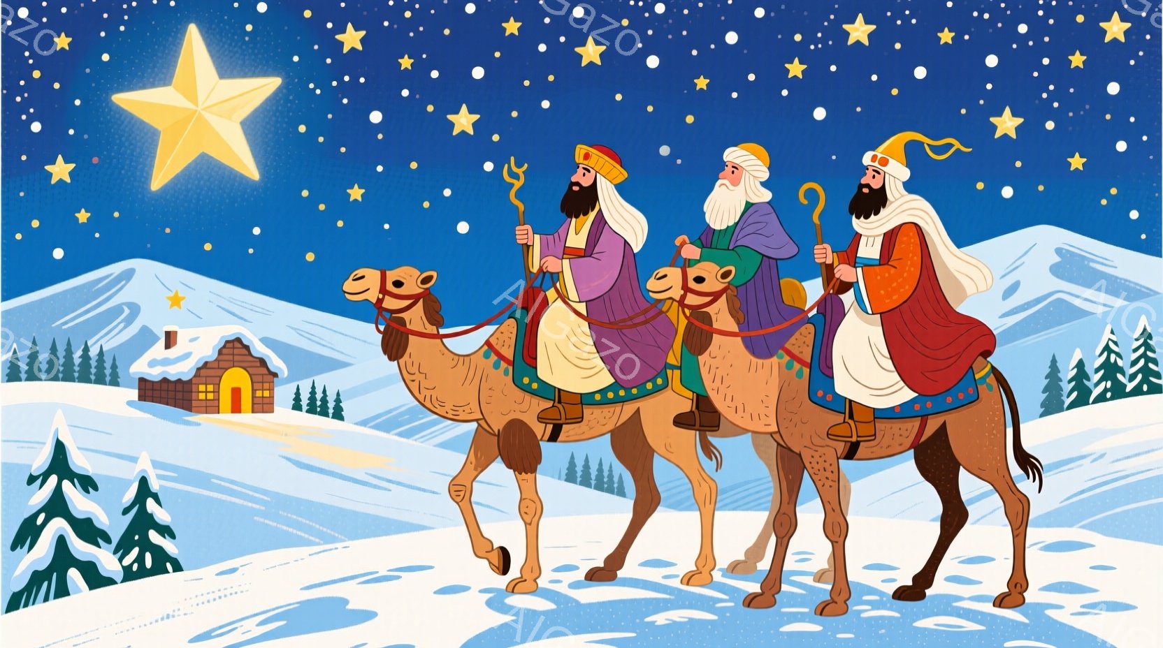 雪景色の中に、ラクダに乗った三人の人物が描かれています。彼らはそれぞれ紫色と赤色の豪華な衣装を身につけ、白いひげを生やし、杖を持っています。背景には雪をかぶった山々と小さな家があり、夜空には星が輝き、静かで神聖な雰囲気を醸し出しています。