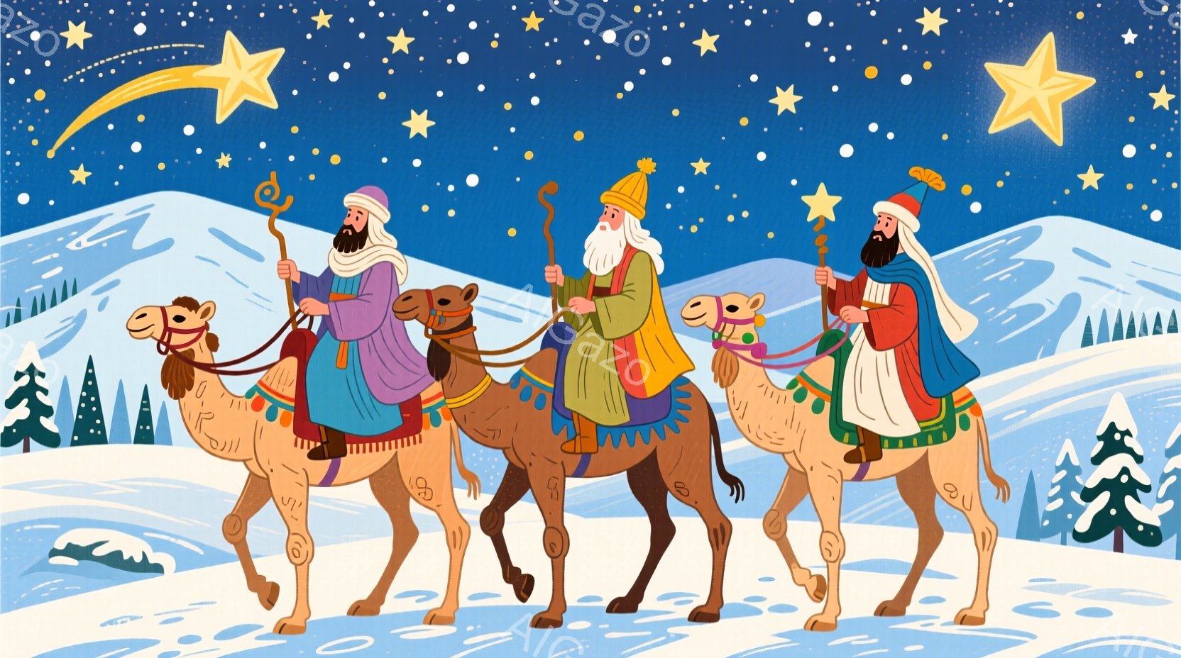 ３人の人物がラクダに乗って雪景色の中を進んでいます。彼らはそれぞれ異なる色の衣装を身につけ、頭にはターバンや帽子を被っており、長いあごひげを持っています。背景には雪に覆われた山々と暗い青色の空、そして星が輝き、おとぎ話のような幻想的な雰囲気を醸し出しています。