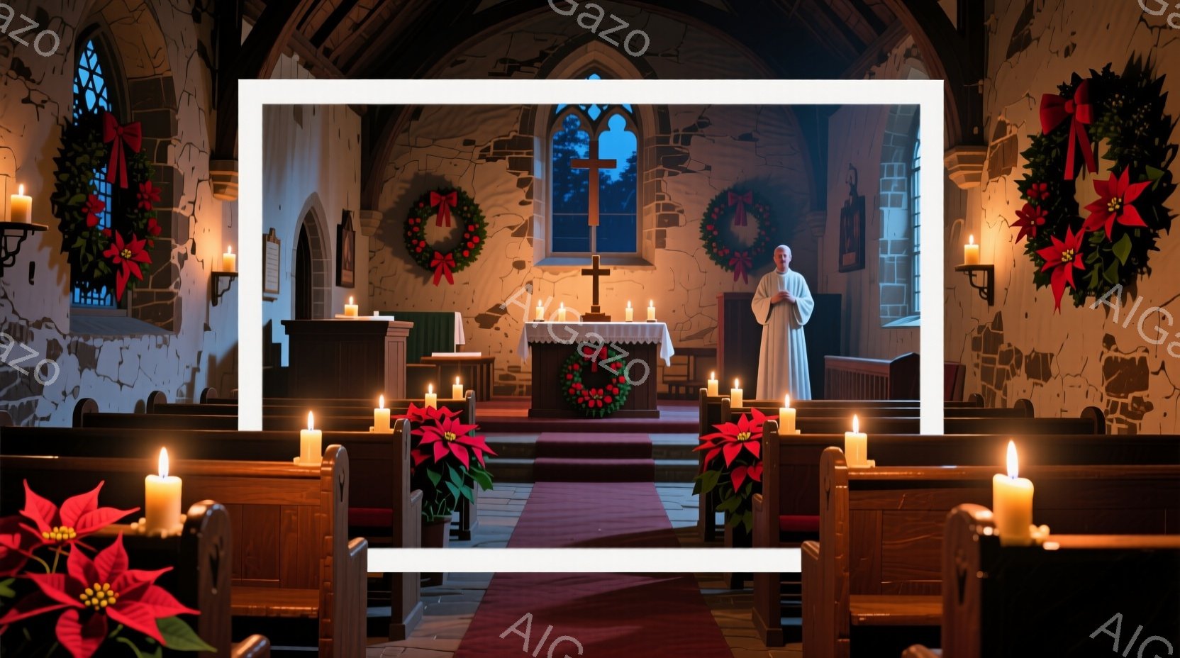 礼拝堂の内部は、クリスマスを象徴するポインセチアの花とリースで飾られています。白い祭服を着た聖職者が壇上で祈りの手を合わせ、ろうそくの光が神聖な雰囲気を醸し出しています。中世の石造りの建築と、ステンドグラスから差し込む淡い光が、静寂で荘厳な空間を演出しています。