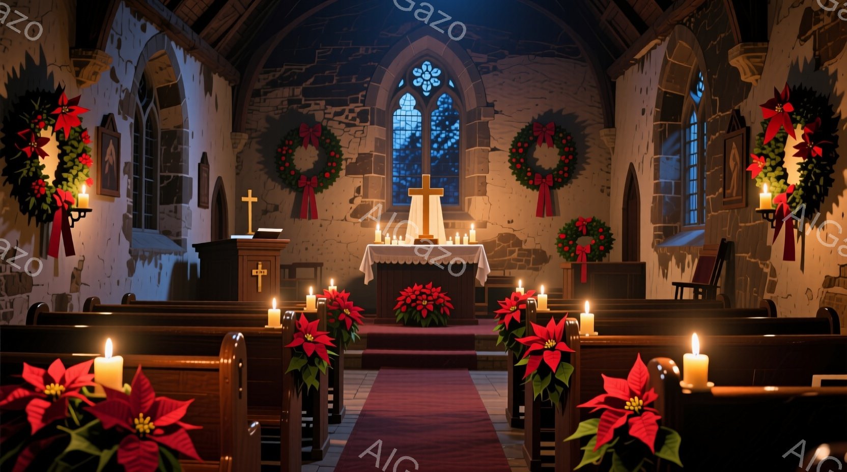 祭壇には赤いポインセチアの花が飾られ、多くのロウソクが灯されており、荘厳な雰囲気を醸し出しています。ステンドグラスから差し込む光と赤い絨毯が、静かで神聖な空間を作り出しています。クリスマスリースが壁に - AI生成フリー素材