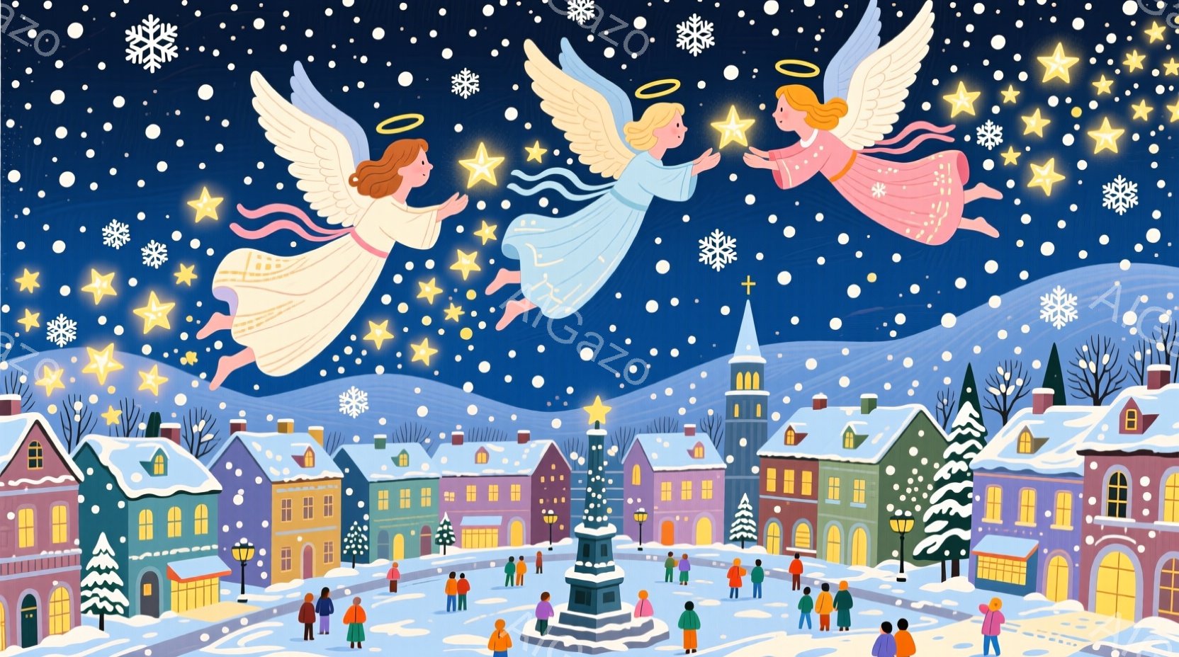 雪が舞う夜の街並みを背景に、三人の天使が空を舞っているイラストです。天使たちはそれぞれピンク、紫、黄色のドレスを身につけ、金色の光輪を頭に戴き、優雅に翼を広げています。街には雪に覆われた建物が立ち並び - AI生成フリー素材