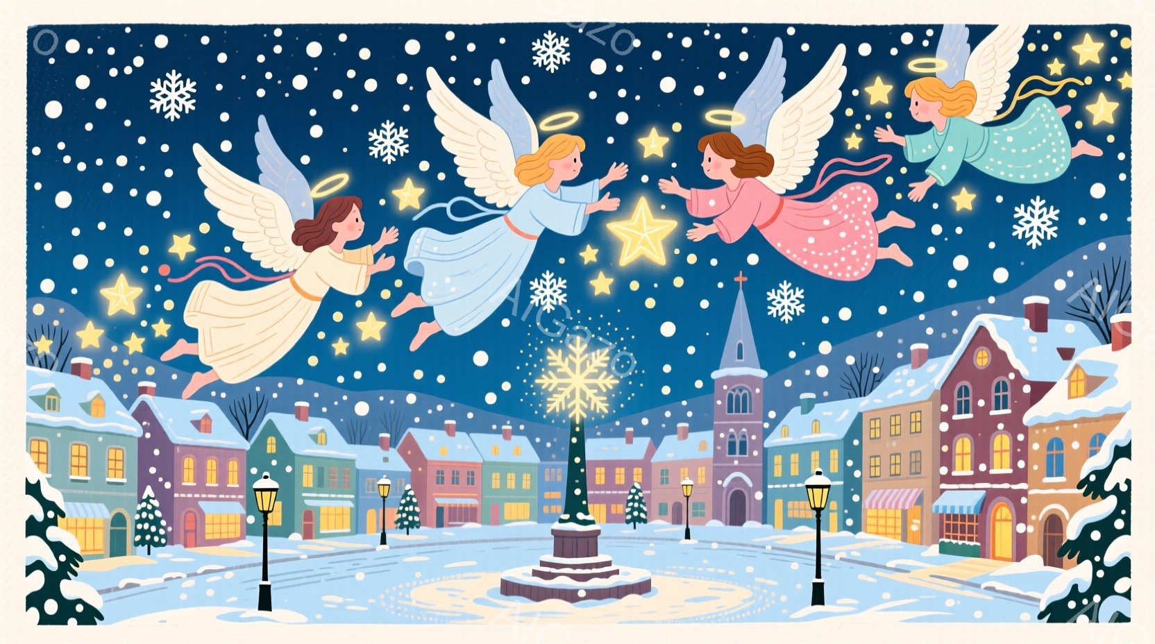 凍り付いた街並みを背景に、天使たちが星と共に夜空を舞っている様子が描かれています。天使たちはそれぞれ淡いピンクや水色のドレスを身につけ、金色の髪をなびかせ、笑顔で星に手を伸ばしています。雪が降り積もる - AI生成フリー素材