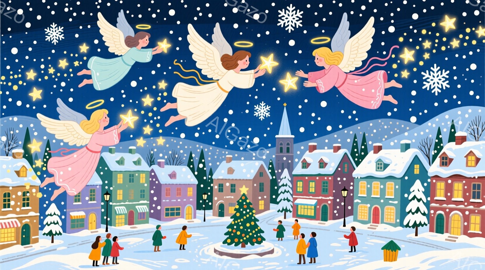 暖炉のレンガ造りの塔の前に、ランプを持った女性たちが雪の中を歩いている。彼女たちは長いスカートと上着を着ており、頭にはスカーフを巻いている。背景には雪に覆われた木々と満月が見え、雪が舞い散る冬の夜の温 - AI生成フリー素材