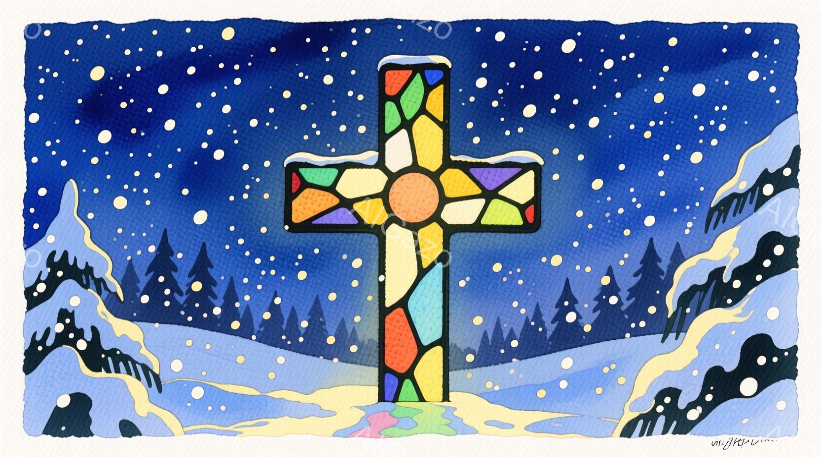 このイラストでは、白いローブと赤い十字架を身に着けた人々が、暗い石造りのアーチの下で歌を歌っている様子が描かれています。彼らは楽譜を見ており、顔には穏やかな笑顔が見られ、真剣かつ和やかな雰囲気を醸し出しています。背景には緑豊かな木々、光るクリスマスデコレーション、そして暗い夜空が広がり、神聖で温かいクリスマスの雰囲気を演出しています。