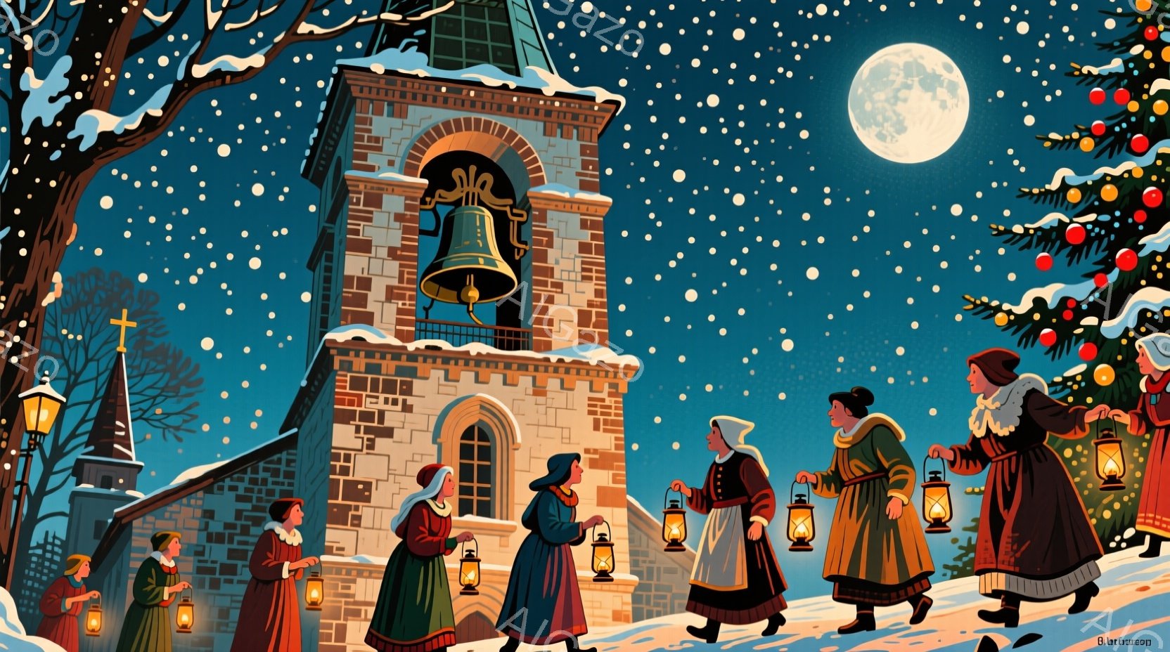 雪が舞う夜、石造りの教会を背景に、ランタンを持った女性たちが列をなして歩いている。女性たちは長いスカートと頭巾で覆われた姿で、表情は穏やかで、どこか神秘的な雰囲気を醸し出している。背景には、雪景色の中 - AI生成フリー素材