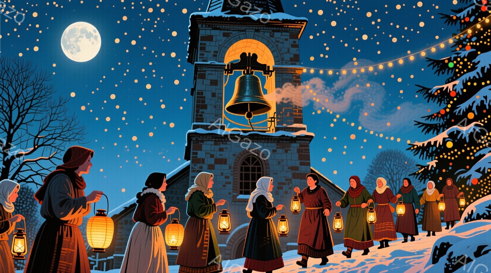 雪が降る夜、多くの女性たちが灯りをともしたランタンを持って列をなして歩いている。彼女たちは長いスカートとジャケットを着て、頭にはスカーフを巻いており、表情は穏やかで神秘的だ。背景には石造りの塔があり、 - AI生成フリー素材