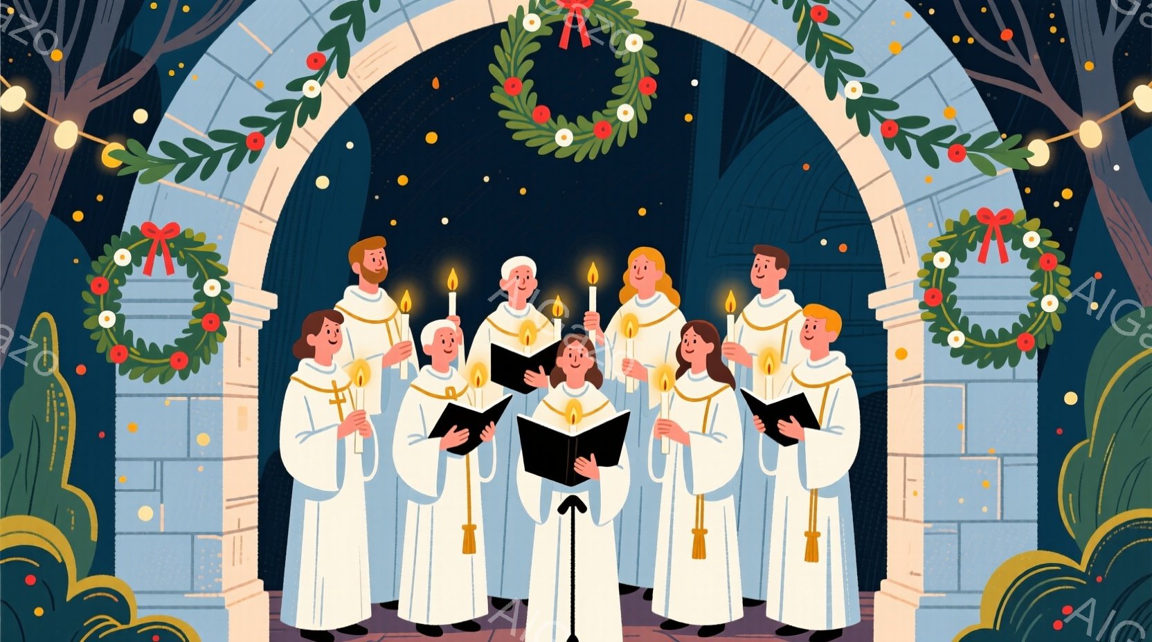 白いローブと赤い十字架を身につけた人々が、古い石造りのアーチの下で歌を歌っています。彼らは皆、楽譜を見ており、顔には穏やかな表情が浮かんでいます。背景には、クリスマスリースと、暗い空に輝く星が描かれており、全体的に静かで神聖な雰囲気が漂っています。
