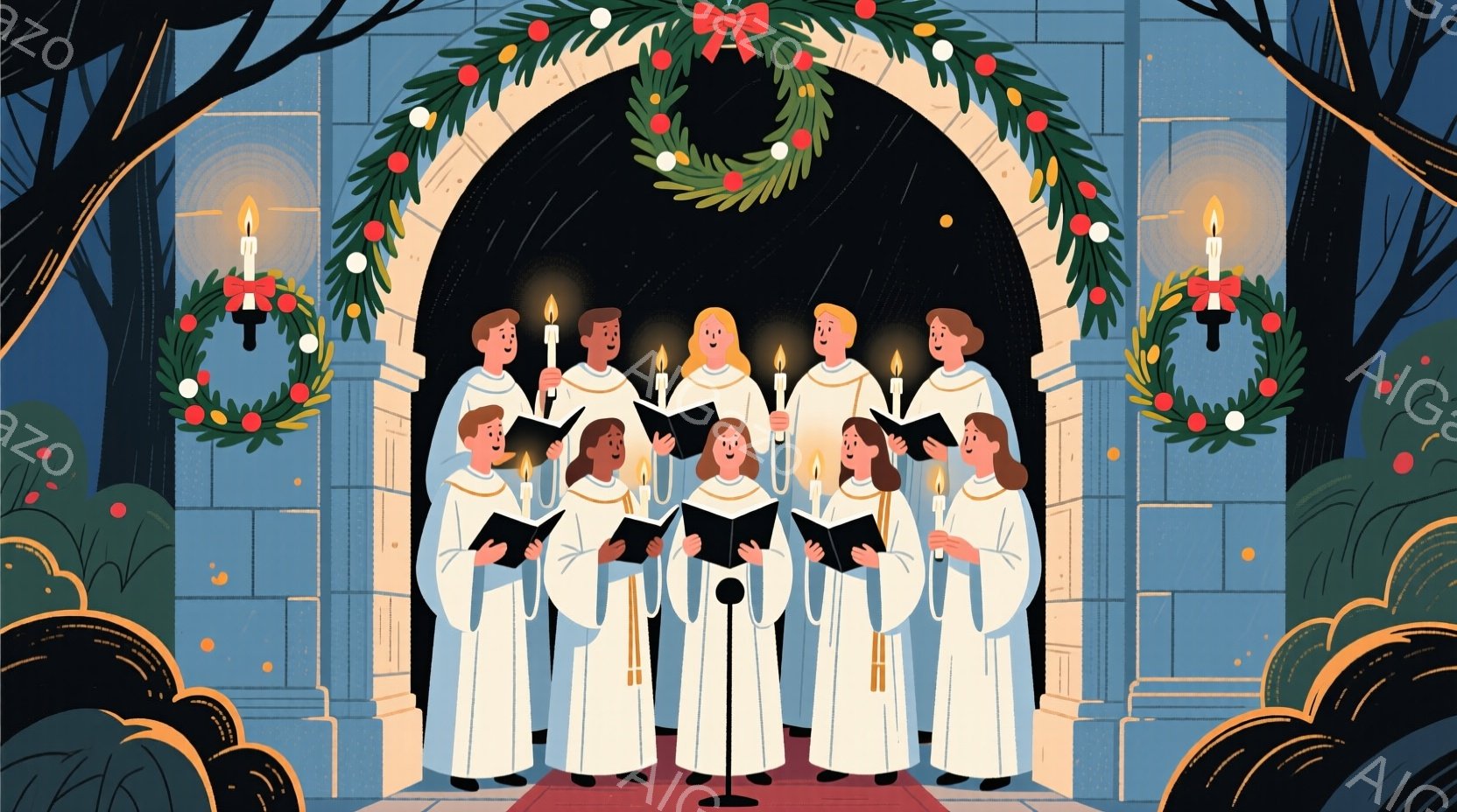 灰色の石造りのアーチの前に、白い衣装をまとった合唱団が並んでいる。彼らは楽譜を見ながら歌っており、顔には穏やかで楽しそうな表情が浮かんでいる。背景には、クリスマスリースやキャンドルが飾られ、深い緑色の木々がアーチを囲んでおり、全体的に暖かく、静謐なクリスマスの雰囲気を醸し出している。