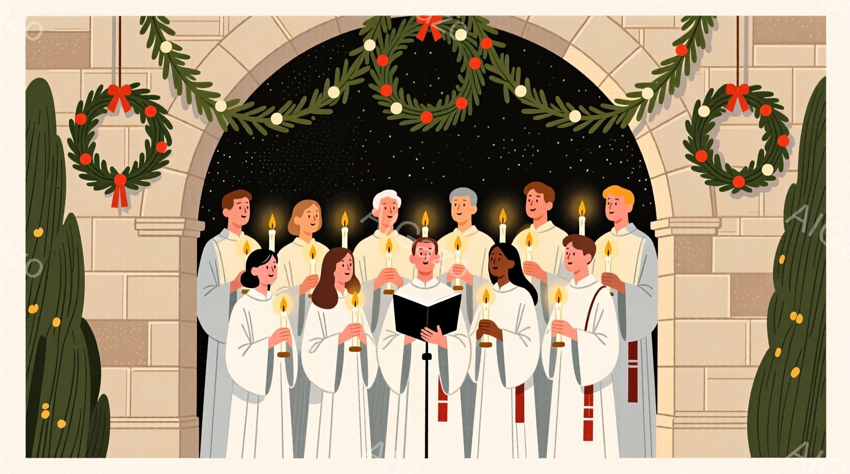 白い祭服をまとった人々が、夜空を背景に一列に並び、歌を歌っている様子が描かれています。彼らはそれぞれ手にろうそくを持ち、暖かく穏やかな表情を浮かべています。背景には、アーチ状の装飾とクリスマスリースがあり、夜空には星が散りばめられ、静かで神聖な雰囲気を醸し出しています。