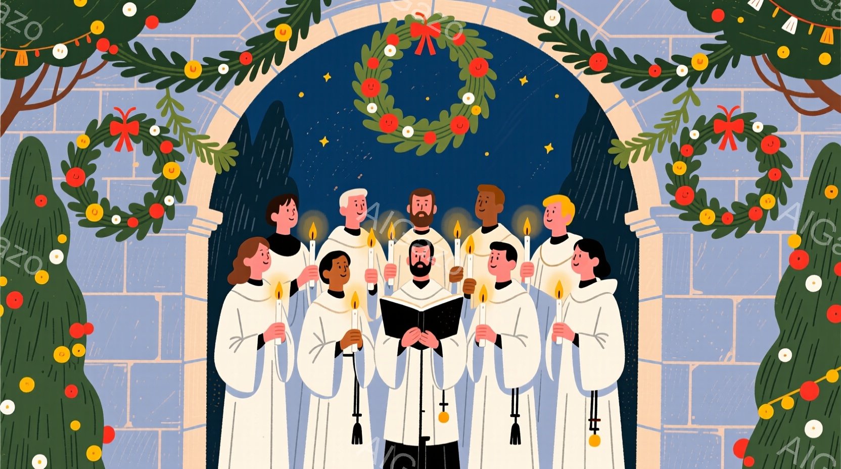 アーチ型の背景の下、白い祭服をまとった男性たちが一列に並び、楽譜を見ながら歌っている様子が描かれています。彼らは皆、黒髪で、穏やかな表情をしており、手にはロウソクを持っています。背景には装飾されたクリ - AI生成フリー素材