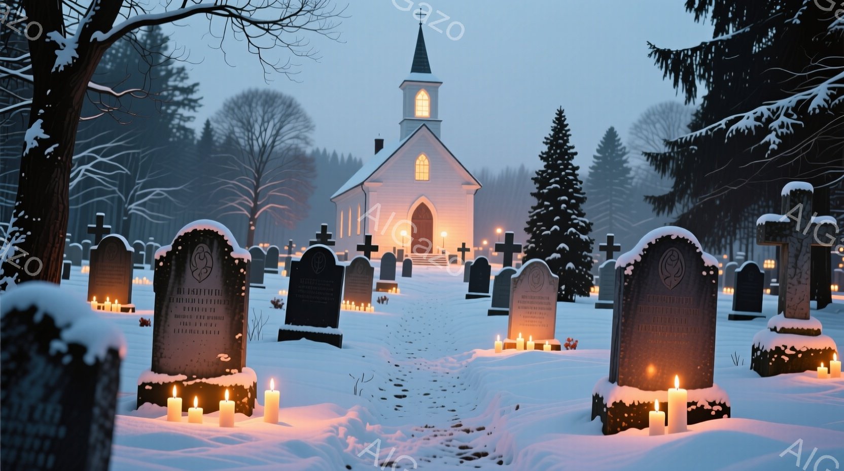 雪に覆われた墓地が広がり、無数の墓石が並んでいる。背景には、ライトアップされた白い教会がそびえ立ち、冬の寒々とした雰囲気を醸し出している。墓石の周りには灯がともされており、静かで厳粛な空気が漂っている。