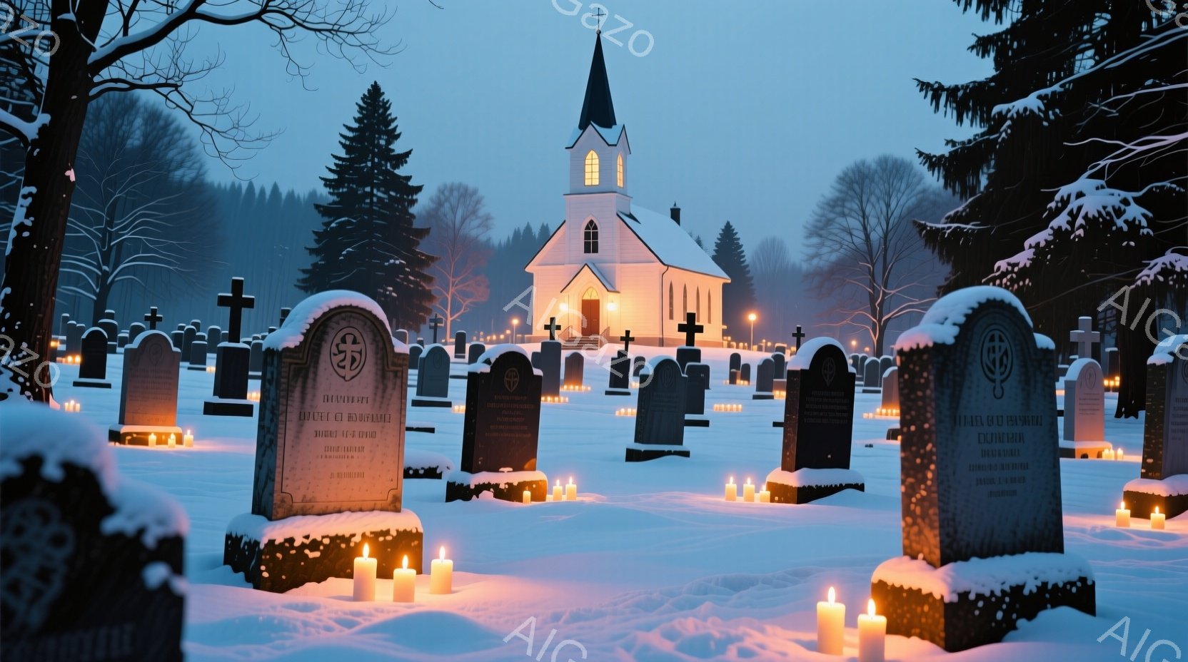 雪に覆われた墓地が広がり、石の墓標が並んでいる。背景にはライトアップされた小さな教会が建っており、墓標の周囲には無数のロウソクが灯され、静かで厳粛な雰囲気を醸し出している。雪景色とロウソクの光が合わさり、幻想的で神聖な空間を作り出している。