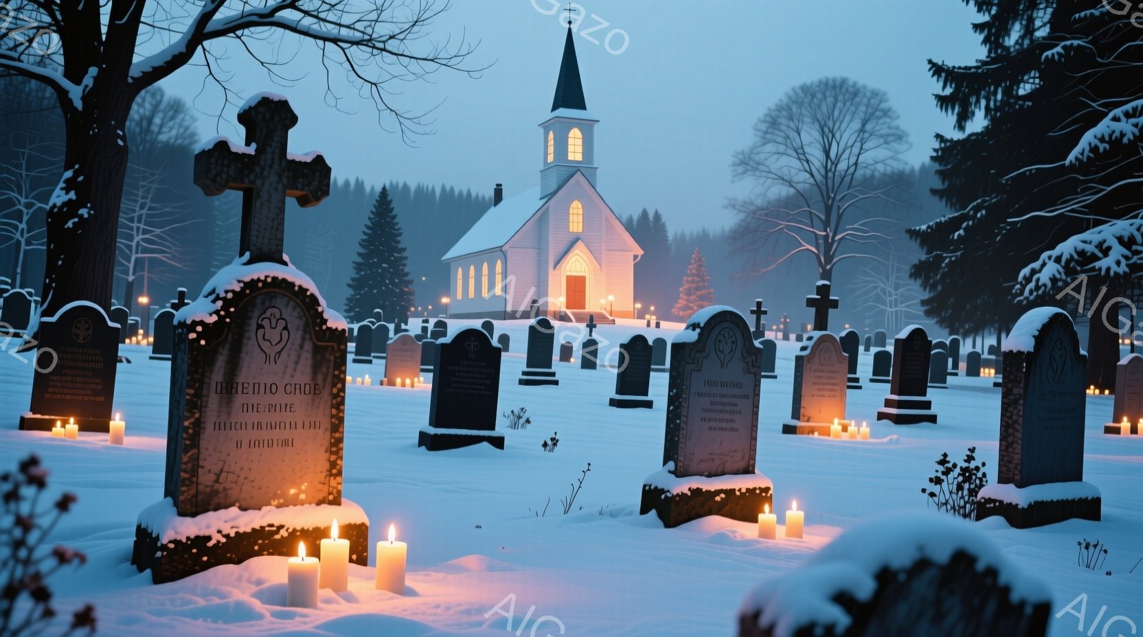 雪に覆われた墓地が広がり、多くの墓石が並んでいる。遠景には白く輝く教会が聳え立ち、墓石の周囲には灯されたロウソクが暖かな光を灯している。全体的に静寂で神秘的な雰囲気が漂い、冬の寒さとロウソクの温かさが対照的である。