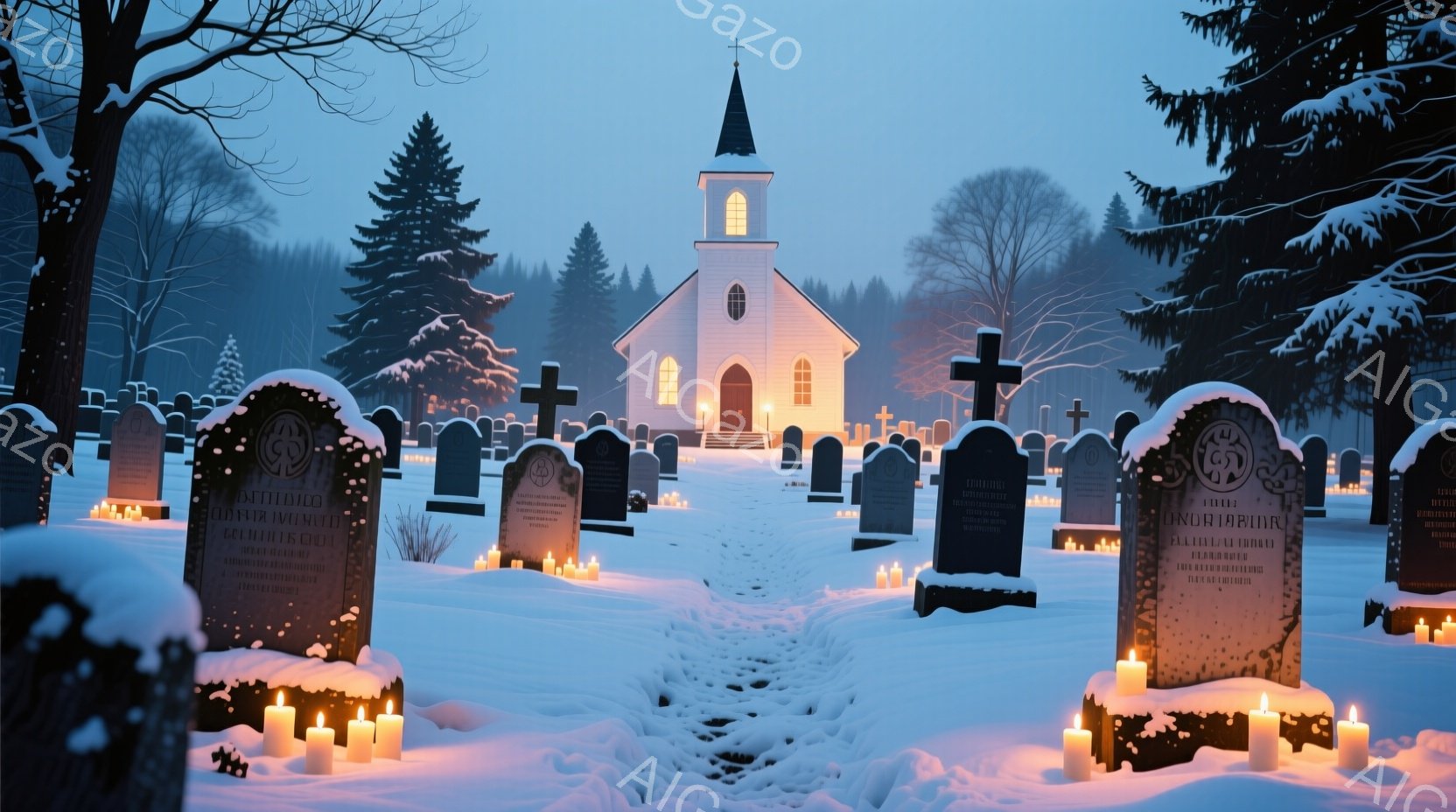 雪に覆われた墓地が広がり、奥にはライトアップされた白い教会が静かに佇んでいます。墓石の周囲には無数のロウソクが灯され、雪道に沿って整然と並べられています。冷たく静謐な冬の夜、ロウソクの灯りが幻想的な雰囲気を醸し出しています。