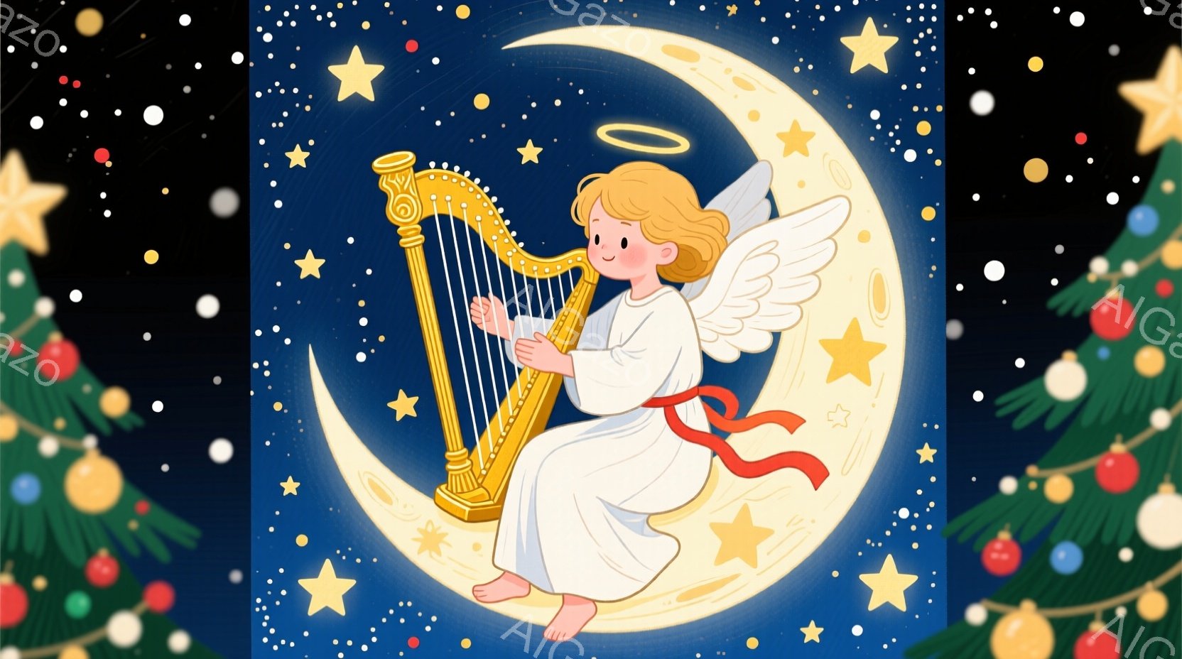 金髪の巻き髪に光輪をつけた少女が、金色に輝くハープを演奏しています。白いドレスに赤いリボンを結び、優雅に月の上に座って穏やかな表情を浮かべています。背景は濃い青色で、様々な大きさの星が散りばめられ、幻 - AI生成フリー素材