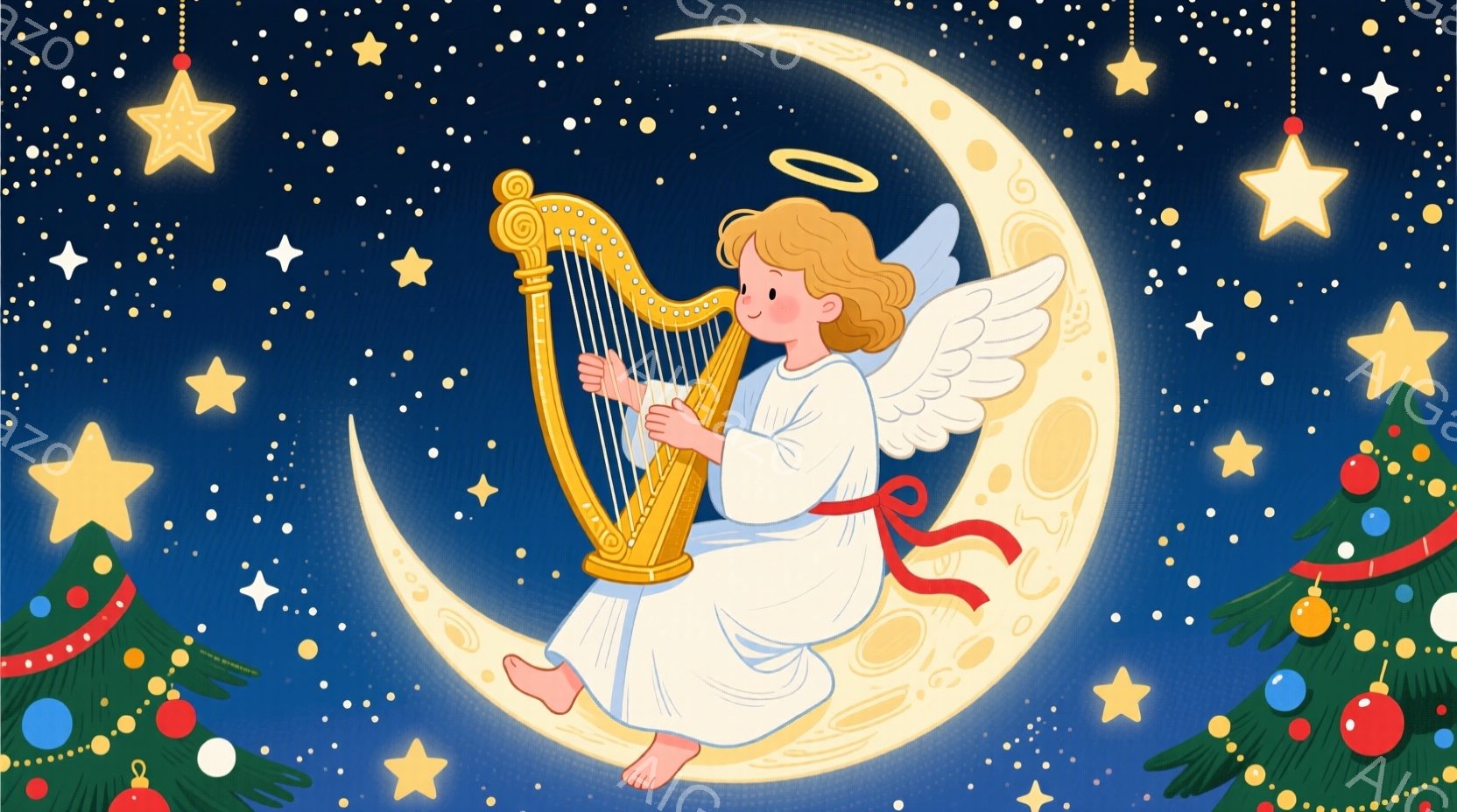 金髪の天使が、光り輝く三日月の上でハープを演奏しています。天使は白いドレスと赤いリボンで飾られ、穏やかな表情で優雅な姿勢を保っています。背景には、星が散りばめられ、左側にはクリスマスツリーの一部が見え、幻想的で平和な雰囲気を醸し出しています。