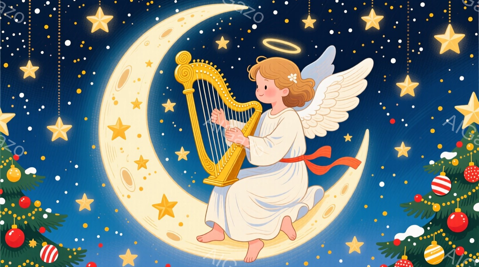 金色の髪に白いドレスを着た天使が、三日月の上で金色のハープを演奏しています。天使は頬を赤らめ、穏やかな表情で優雅に座っており、リボンで結ばれた赤い布が腰に巻かれています。背景には、クリスマスツリーの飾 - AI生成フリー素材