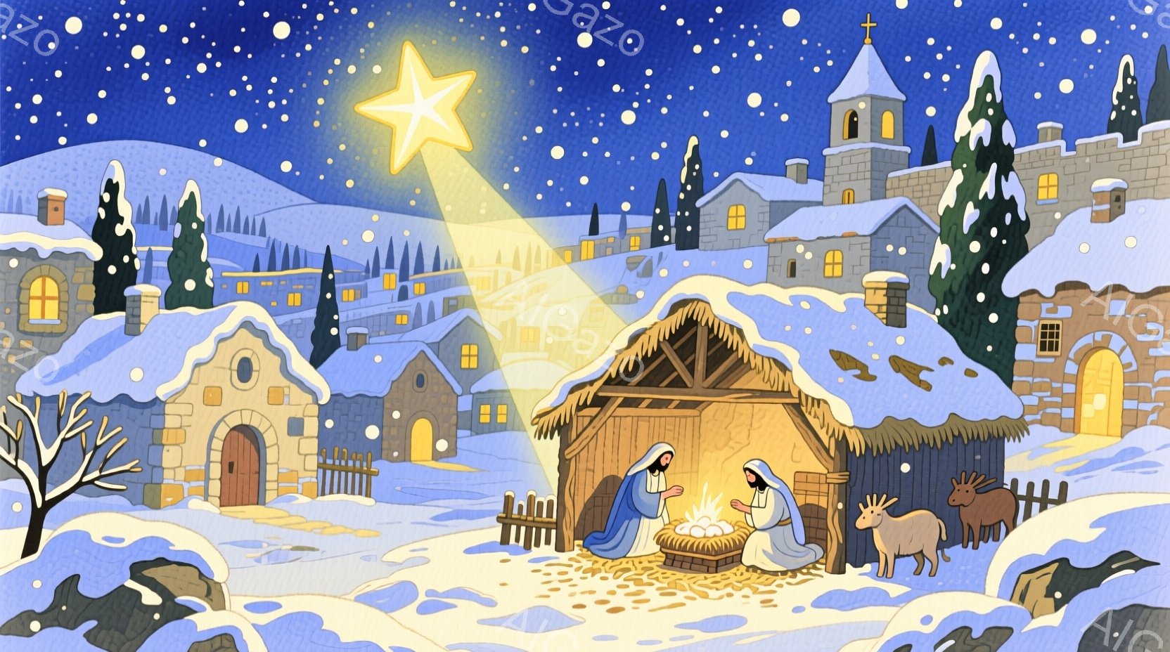 雪に覆われた小さな村の風景で、藁葺き屋根の簡素な小屋が中央に描かれています。小屋の中には、青いローブをまとった女性と、白いローブをまとった男性が赤ん坊を見守っており、穏やかな表情を浮かべています。背景には、雪景色の中に灯りのともる家々や教会、そして雪に覆われた丘が広がり、星空から差し込む光が神聖な雰囲気を演出しています。