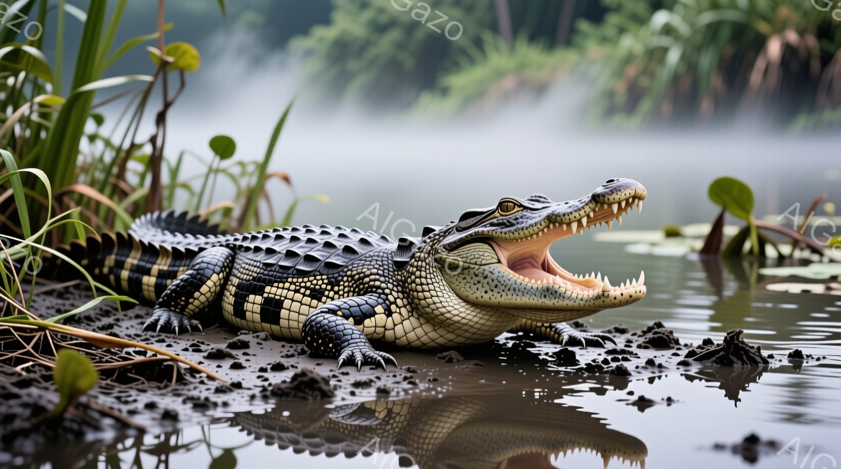 泥と水のある浅瀬に横たわるワニのクローズアップです。ワニは口を大きく開けており、鋭い歯がはっきりと見えます。背景には水生植物が生い茂り、ぼやけた緑の風景が広がっており、湿地帯の静かで自然な雰囲気を醸し出しています。