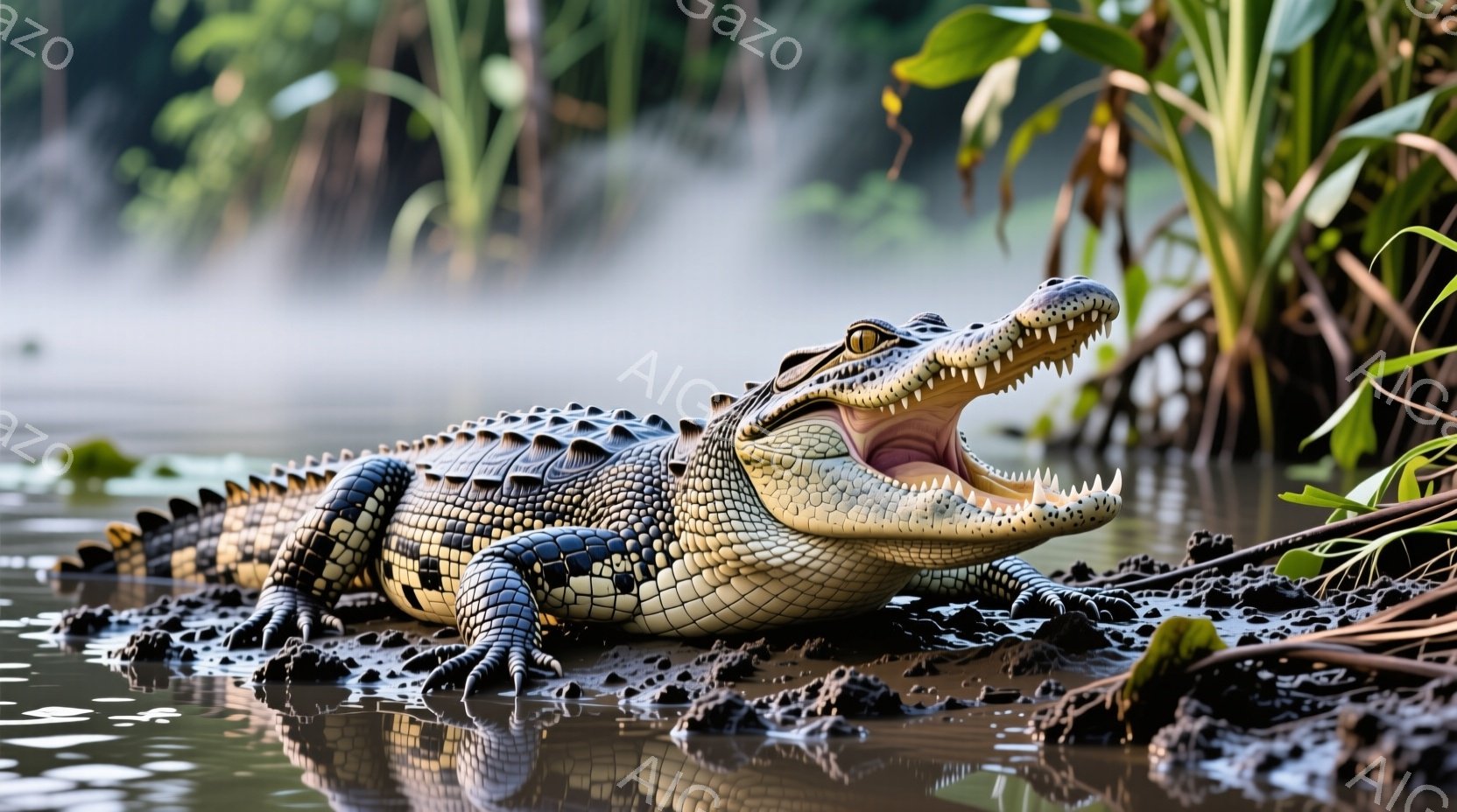 広範囲に泥が広がる水辺に、大きなワニが口を開けて横たわっている。ワニの鱗は詳細に描写されており、その表情は獲物を待ち構えているかのように鋭い。背景には緑豊かな植物がぼやけ、湿地帯特有の湿った雰囲気が漂っている。