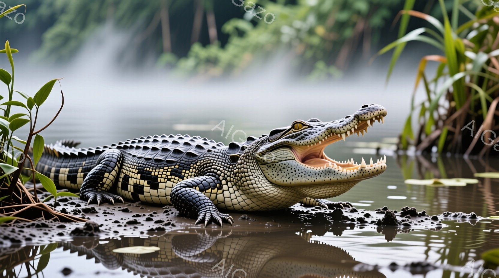 泥土と水辺に大きなワニが横たわっており、口を大きく開けて歯を見せています。背景には緑豊かな植物が生い茂り、水面は反射して霧がかかったような雰囲気で、静寂かつ野生的な自然の息吹を感じさせます。 全体的に、ワニの力強さと周囲の自然環境が調和した、印象的な光景です。