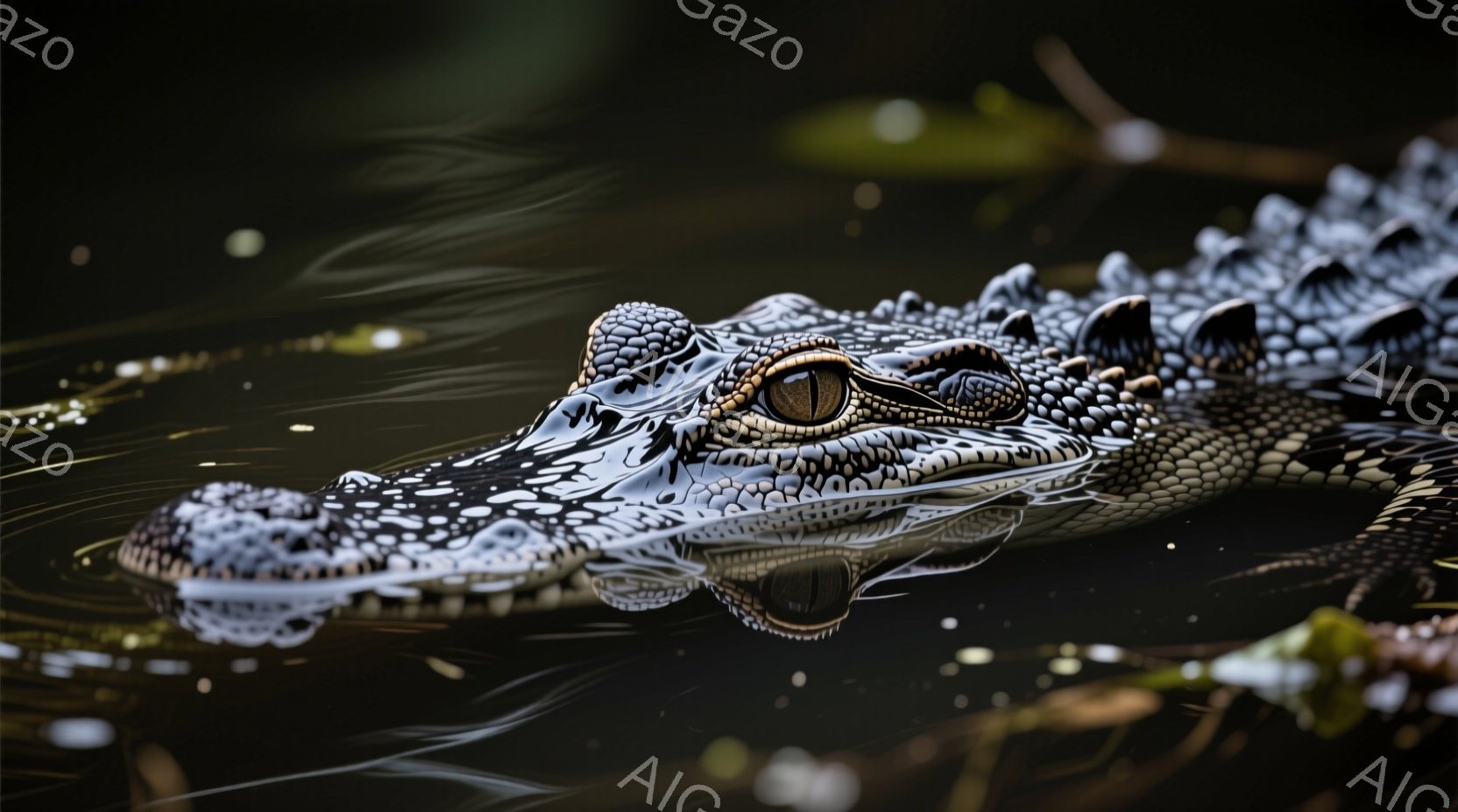濃い緑色の水面にワニの頭部が浮かび、鋭い目つきでこちらを見ている。水面には光が反射し、ワニの鱗の質感と、その周囲の暗い自然環境とのコントラストが際立っている。 全体的に、静かで神秘的な雰囲気で、ワニの力強さと自然の厳しさを感じさせる。