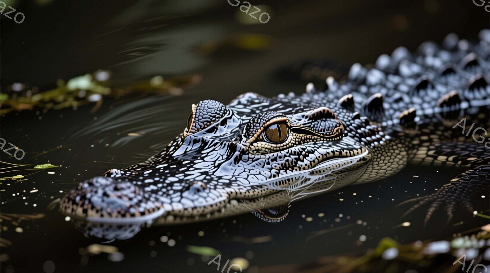 浅い水中にワニの顔が浮かび上がっている。暗灰色の皮膚は細かい鱗で覆われ、鋭い歯と金色の瞳が特徴的だ。背景は暗く、水面にわずかな光が反射し、ワニの神秘的な雰囲気を際立たせている。