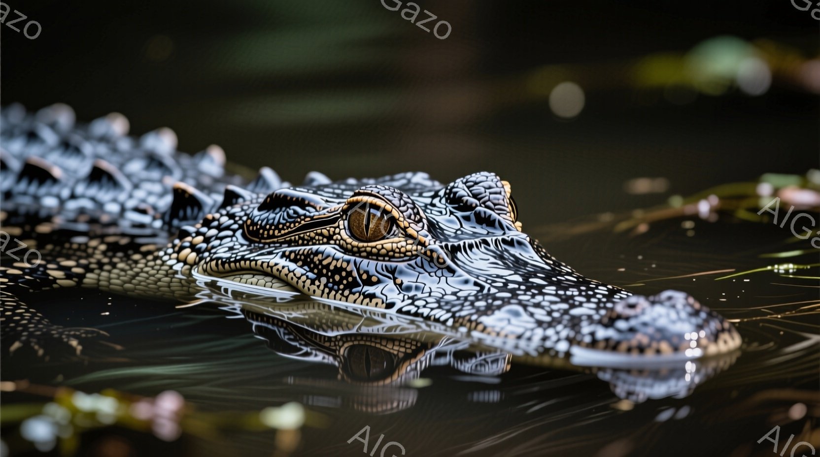 ワニの頭部が水面に浮かんでおり、鋭い眼光が印象的です。水面には細かい波紋が広がり、周囲の暗い背景とコントラストをなしています。 全体的に静かで神秘的な雰囲気を醸し出しており、ワニの力強さと潜む危険性を感じさせます。
