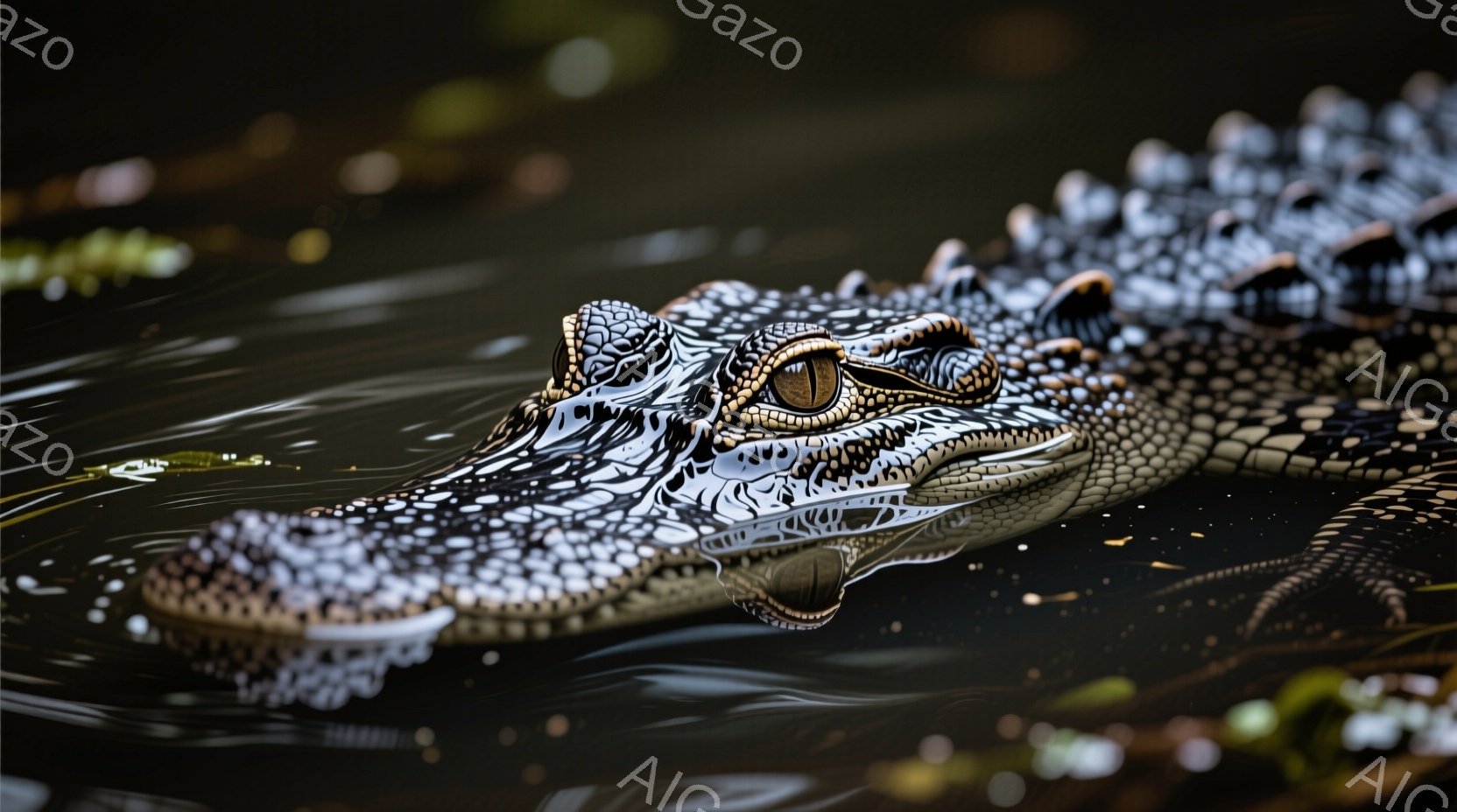 水中に頭だけを出し、水面を漂うワニのクローズアップです。ワニの体は暗い灰色と白の斑点模様で覆われており、鋭い歯と強い顎が強調されています。水面は穏やかで、周囲の自然を反映し、全体的に静かで不気味な雰囲気を醸し出しています。