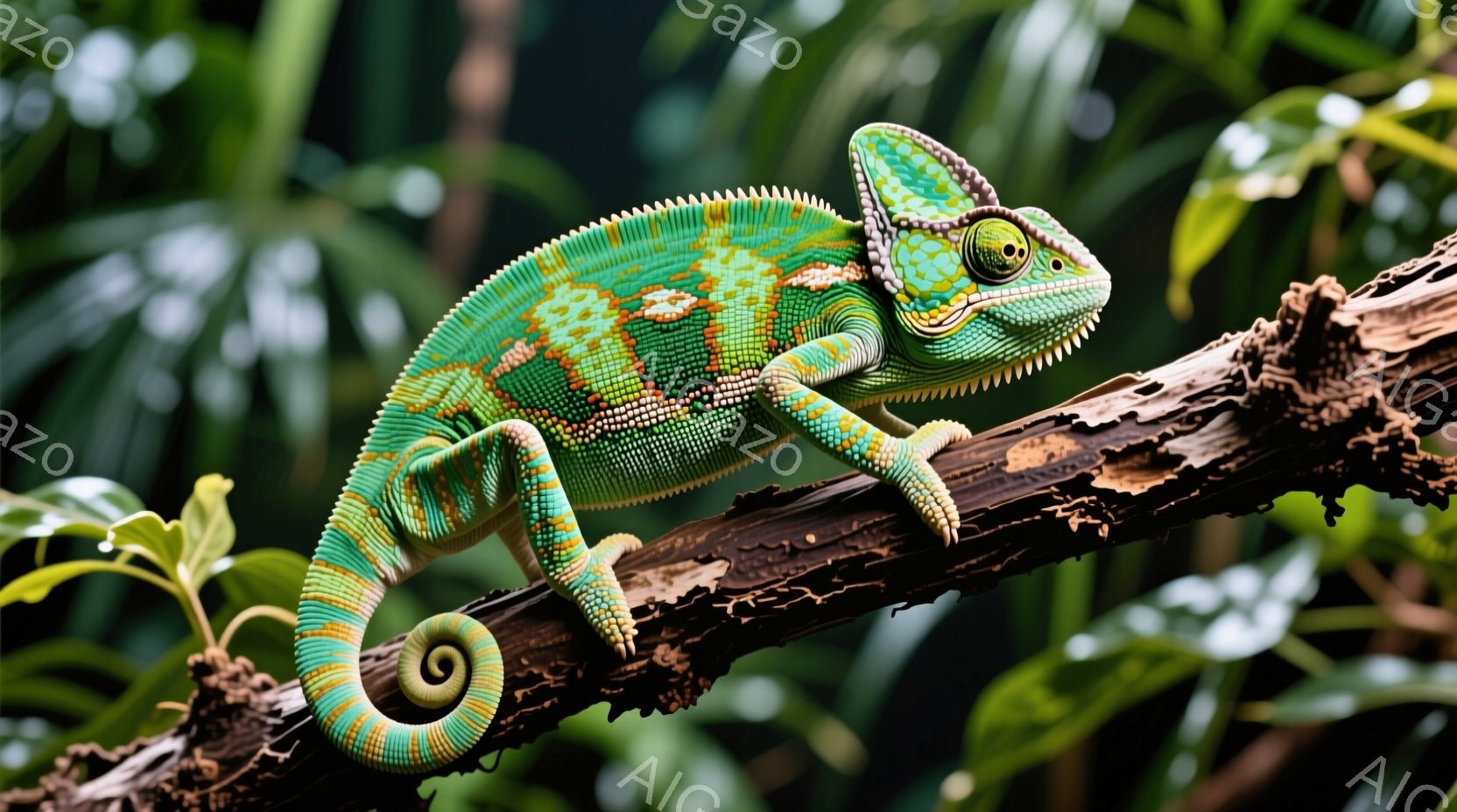 鮮やかな緑とターコイズブルーの模様を持つカメレオンが、太くてねじれた木の枝にしっかりと掴まっています。その目は鋭く、獲物を探すか、周囲を警戒しているかのようです。背景には緑豊かな葉が生い茂り、自然の中 - AI生成フリー素材