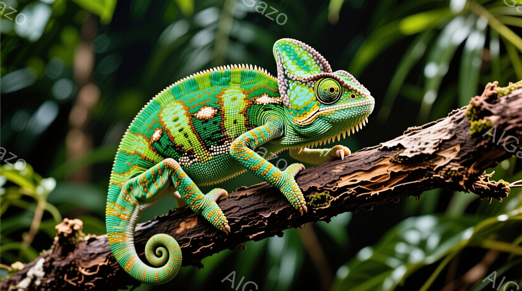 カメレオンは、茶色くざらついた木の枝に巻き付いており、鮮やかな緑色と青色の斑点模様が特徴的です。その目は鋭く、獲物を捉えるかのように注意深く周囲を見渡しています。背景には緑豊かな葉がぼやけており、熱帯雨林のような自然環境を示唆しています。