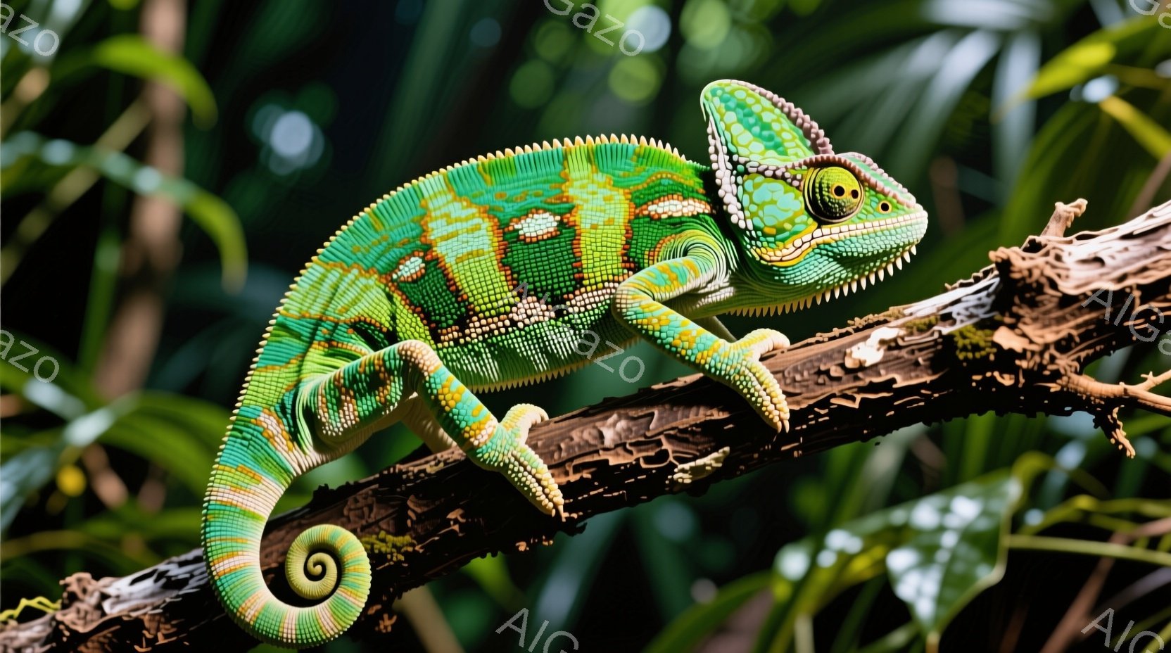 カメレオンは、茶色の木の枝にしっかりと巻き付き、鮮やかな緑と黄色の模様が特徴的です。その目は小さく、注意深く周囲を観察しているように見え、尾はしっかりと巻き付いて安定を保っています。背景には緑豊かな葉がぼやけて見え、湿潤な熱帯の自然環境を連想させます。