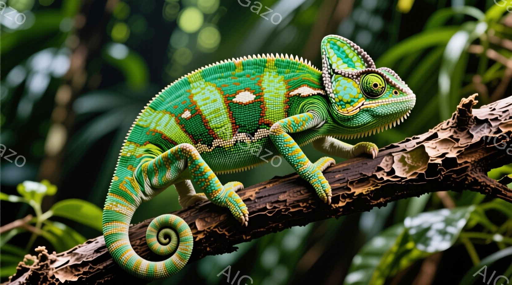 明るい緑と青が混ざり合ったカメレオンが、粗い木の枝にしっかりと巻き付いています。その体は、小さな点々とした模様で覆われ、鮮やかな色彩が印象的です。背景にはぼやけた緑の葉が広がり、自然の中で静かに過ごす - AI生成フリー素材