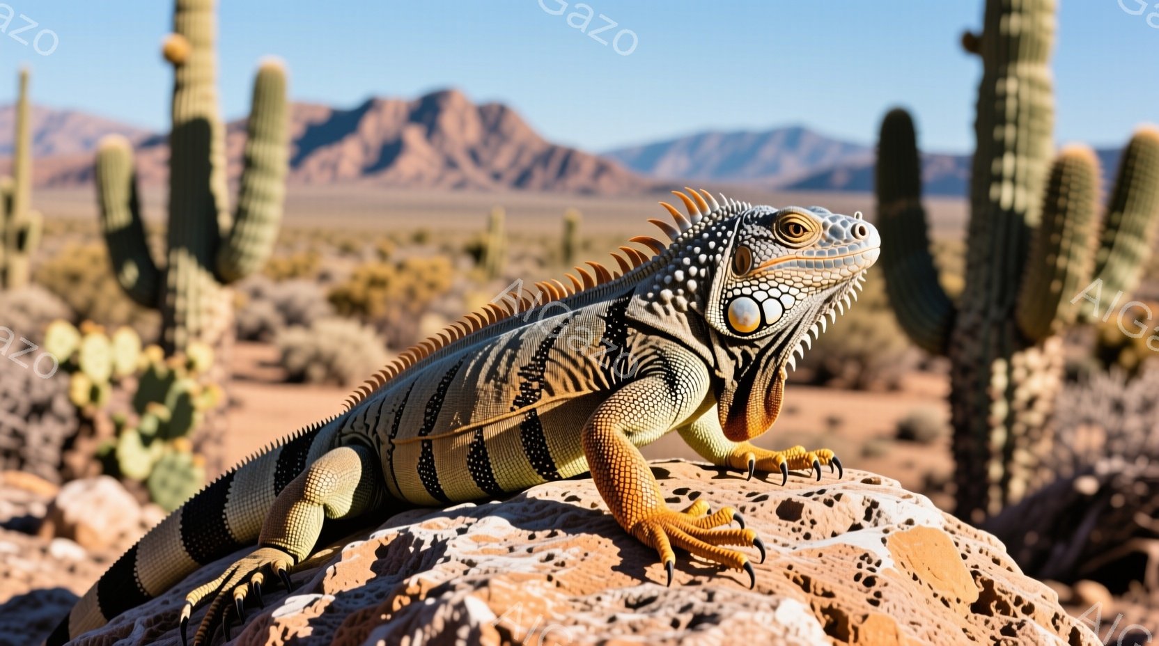 岩の上にいる、鮮やかな縞模様のイグアナが写っている。背景にはサボテンや荒涼とした山々が広がり、晴天の下、乾燥した砂漠の風景が広がっている。イグアナは前足を岩の上に置き、鋭い視線でこちらを見つめている。