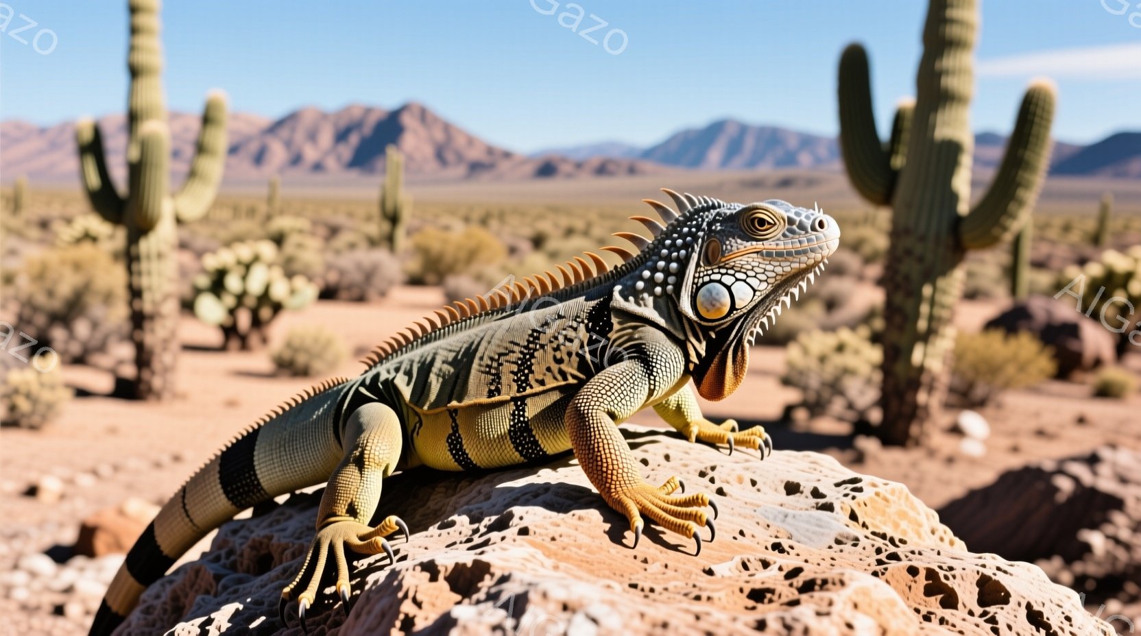 岩の上に、鮮やかな色彩のイグアナが横たわっています。その体は、黒と黄色の縞模様で覆われ、頭部には特徴的な棘が並んでいます。背景にはサボテンや山々が広がり、乾燥した砂漠の風景が広がっています。 - AI生成フリー素材