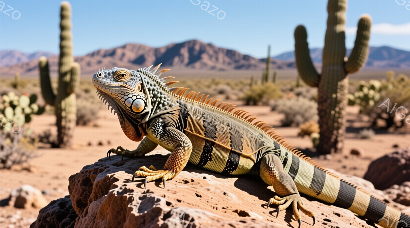 砂漠の岩の上に、鮮やかな緑と黒の縞模様を持つ大きなイグアナが横たわっています。背景にはサボテンや荒涼とした山々が広がり、晴天の下、乾燥した空気を感じさせます。イグアナはリラックスした姿勢で、その存在が厳しい砂漠の風景に鮮やかなコントラストを生み出しています。