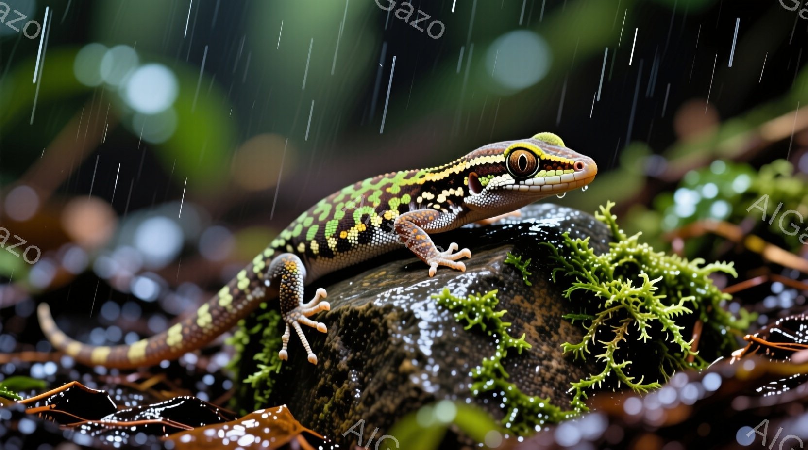 苔むした岩の上に止まっているトカゲが写っています。トカゲは明るい緑色と黒色の模様があり、鮮やかな黄色い目が特徴的です。背景は雨に濡れた自然で、雨粒が降り注ぎ、湿った葉と緑豊かな植物がみられます。 - AI生成フリー素材