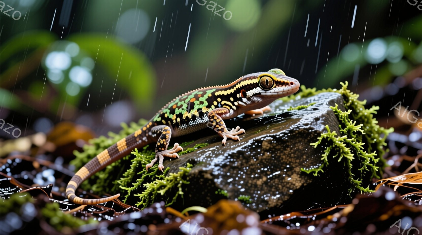 明るい緑とオレンジ色の縞模様を持つヤモリが、苔むした岩の上にちょこんと座っています。周囲は落ち葉と湿った植物に覆われ、雨粒が降り注いでいます。 全体的に、湿潤な森林の静けさと、小さな生命の鮮やかさが表現された雰囲気です。