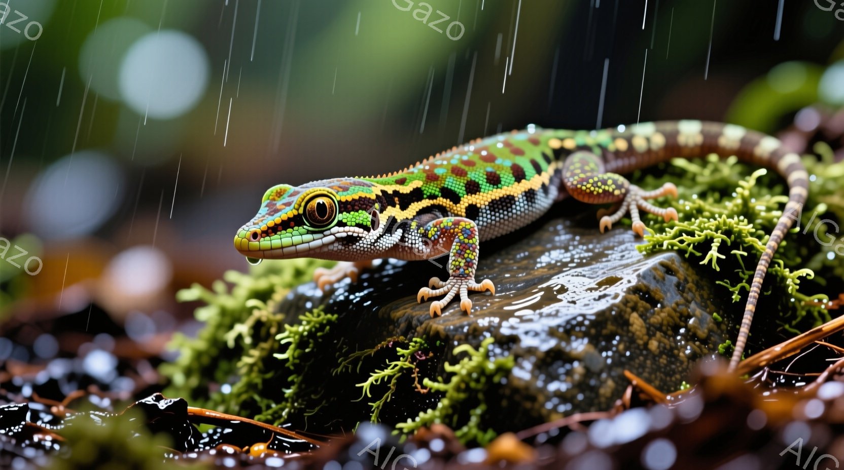 鮮やかな色彩のヤモリが、苔むした岩の上に佇んでいます。その体は緑、赤、青の斑点が混ざり合い、雨粒がその滑らかな皮膚を伝って輝いています。背景はぼやけた緑と茶色の自然で、雨が降りしきる湿った雰囲気が漂っています。