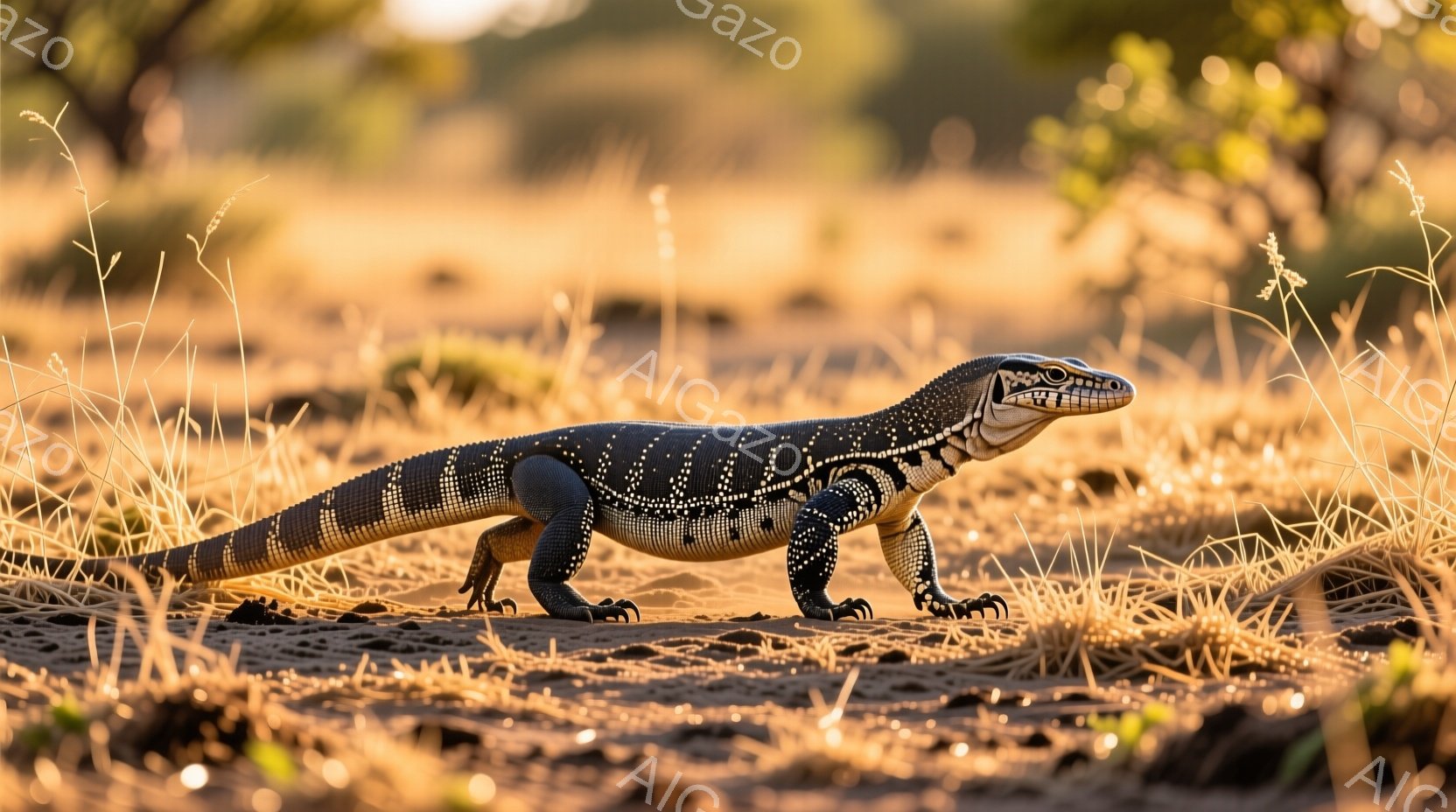 砂漠のような乾燥した草原を、ドット模様の美しいオオトカゲが歩いている。その体は黒と白のコントラストが強く、鮮やかな青色の鱗がアクセントになっている。背景は乾いた草が生い茂り、暖かな夕日の光が差し込み、全体的に乾燥した、荒野の雰囲気を醸し出している。