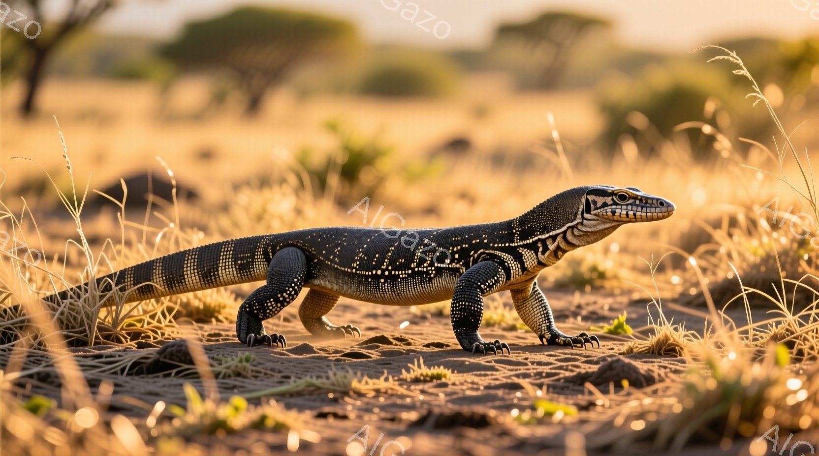砂漠のような乾燥した草原に、黒と白の模様を持つオオトカゲが歩いている。そのトカゲは、鋭い眼光で前方をじっと見つめ、筋肉質な四肢でしっかりと地面を踏みしめている。背景には、茶色や黄色の乾燥した草が生い茂り、遠くにはぼんやりと木々が見え、夕焼けのような暖かい光が全体を照らしている。