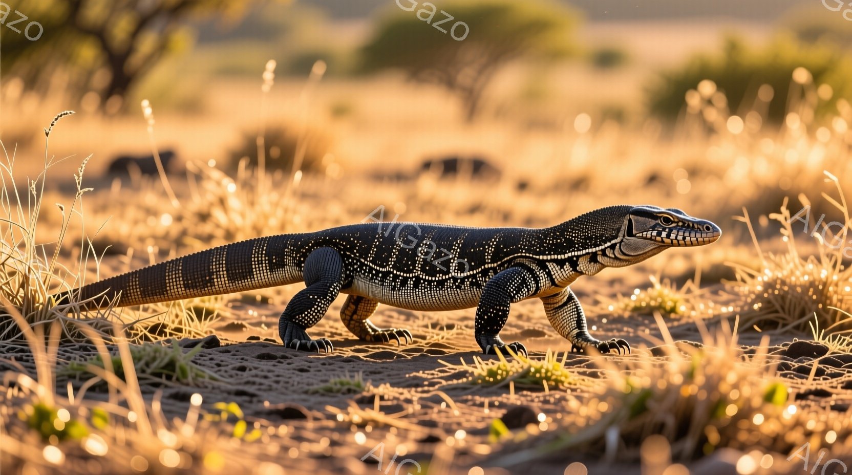 オオトカゲが乾燥した黄色い草原を歩いている様子が写っている。その体は黒と白の模様で覆われ、まるで鎧を着ているようだ。背景にはかすれた植物が茂り、乾燥した気候と強い日差しを感じさせる。