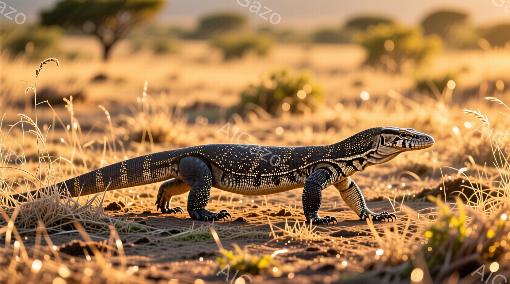 オオトカゲが乾燥した草原を歩いている様子が捉えられています。 体には黒い斑点が散りばめられ、強い日差しの中で金属のように光沢を放っています。 背景には乾燥した草が生い茂り、遠くにはぼんやりとした木々が見え、アフリカのサバンナの厳しい自然を感じさせます。