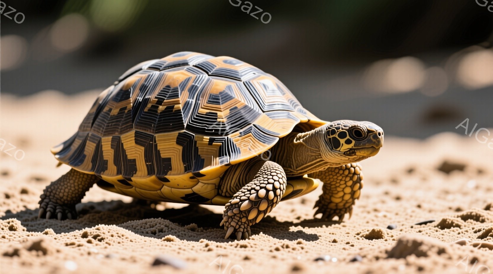 砂色の地面に甲羅の美しい亀が歩いている様子が写っている。亀の甲羅は、黄色と黒の幾何学的な模様で覆われており、足は鱗状で力強く見える。背景はぼやけており、日差しが強く、全体的に温かく穏やかな雰囲気である。