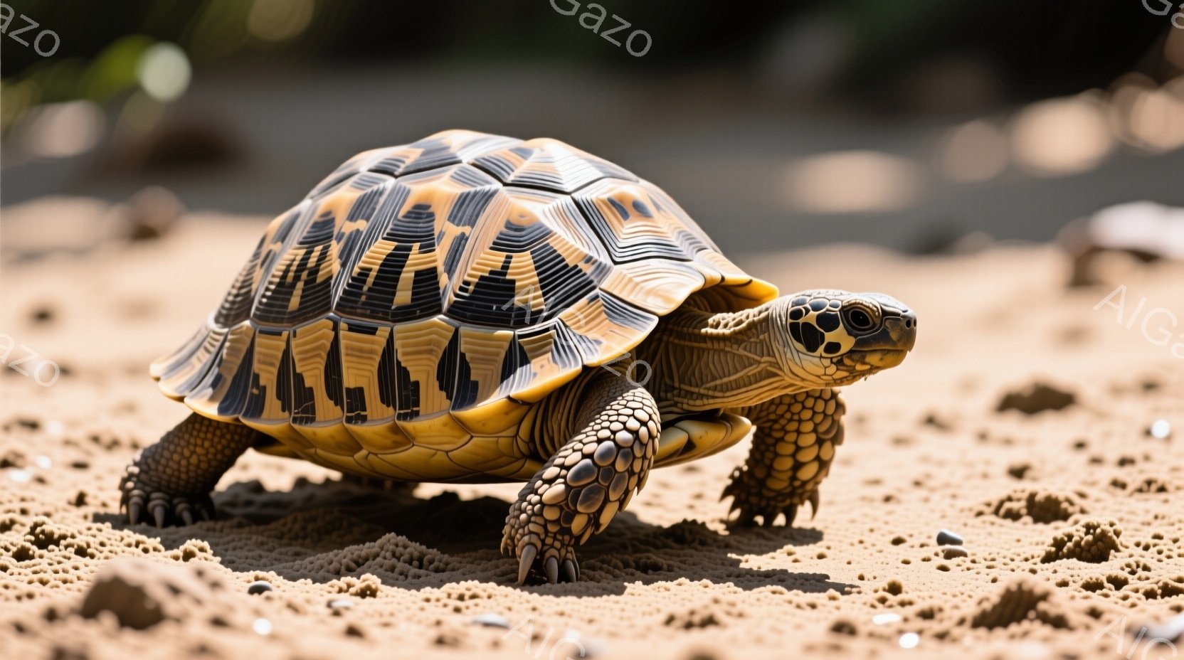 砂漠のような茶色の地面にいるミドリガメを描写しています。甲羅は、濃い茶色と黄色の複雑な模様で、まるで地図のようです。ミドリガメは前足を前に出し、慎重に歩いているように見え、その表情は冷静で落ち着いています。