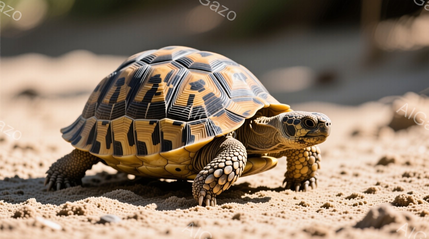 砂漠のような茶色の地面にいる美しい甲羅の亀を示しています。亀の甲羅は、暗い色と明るい黄色の複雑な模様で覆われ、足は濃い色と明るい黄色の縞模様が特徴です。亀は前に進み、その表情は穏やかで、周囲の環境は暖かく乾燥しているようです。
