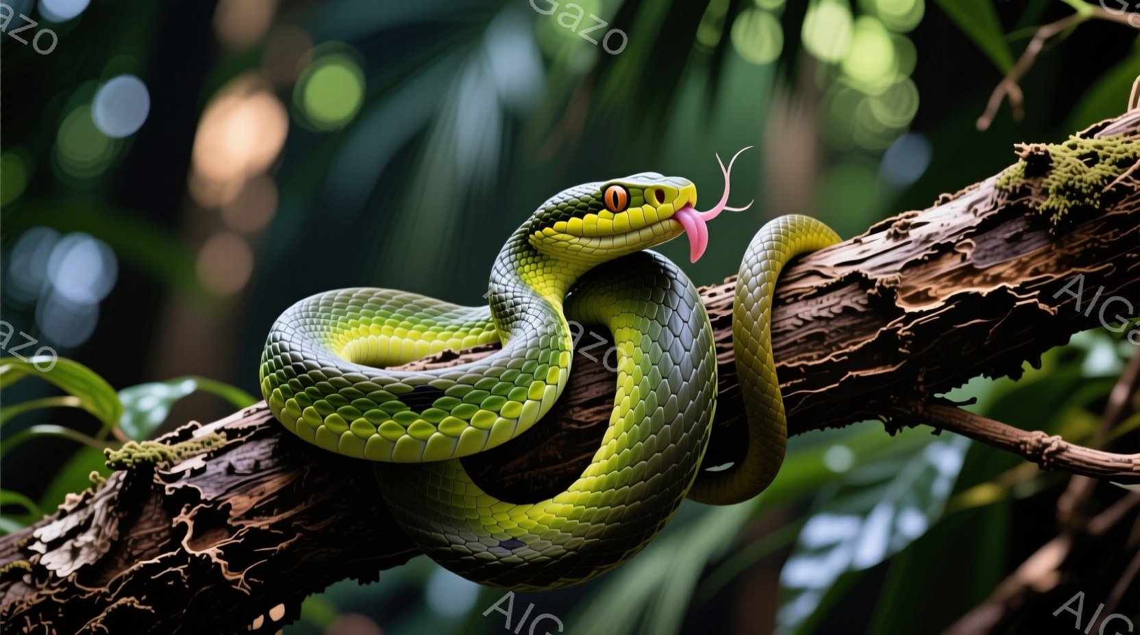 鮮やかな緑色のヘビが、苔むした木の枝に体を巻き付けている。舌を伸ばして周囲を探索している様子がうかがえ、その目は鋭い光を放っている。背景には緑豊かな植物がぼやけており、熱帯雨林のような湿った雰囲気が感 - AI生成フリー素材