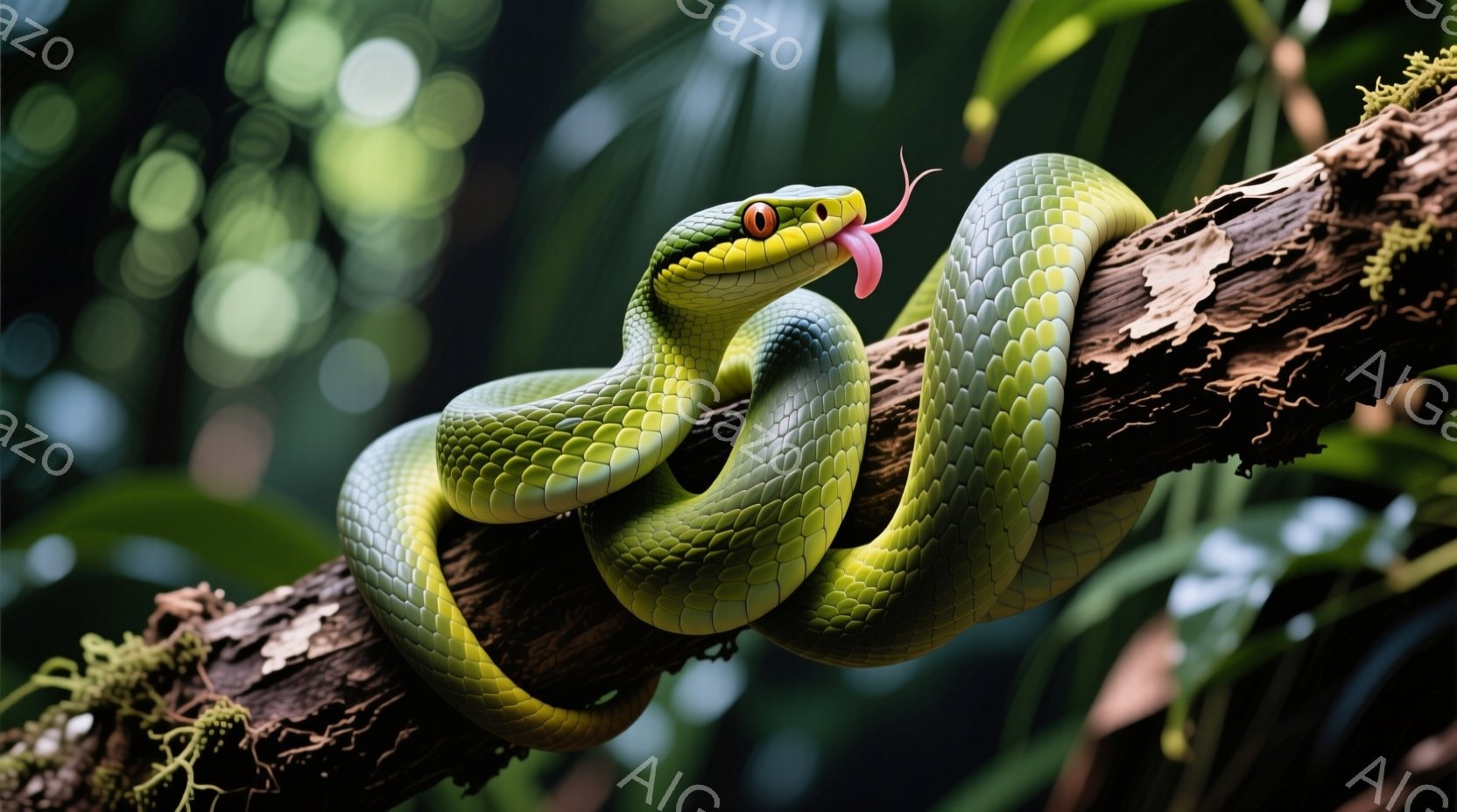 鮮やかな緑色のヘビが、苔むした木の枝に巻き付いている。舌を伸ばし、鋭い視線でこちらを見ている様子は、野性的な美しさを感じさせる。背景は緑豊かな自然で、柔らかい光が差し込み、湿った空気と生命力に満ちた雰 - AI生成フリー素材