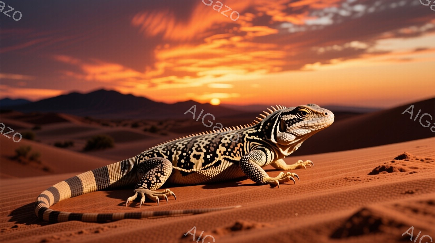 砂漠の砂丘に、模様の美しいトカゲが横たわっている。その体には黒と白の斑点模様があり、オレンジと茶色の砂漠の風景と鮮やかなコントラストをなしている。背景には、夕焼けのオレンジ色の空と、遠くに見える山々が - AI生成フリー素材